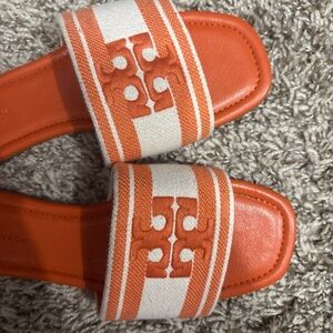 Tory Burch Double T Jacquard Slide sandal.